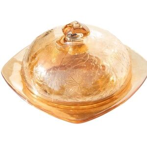 Jeanette Floragold Louisa Butter Dish Depression Glass Iridescent Dish w/ Lid